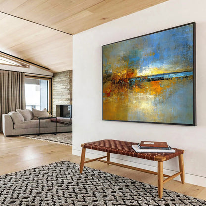 Hand-Painted Blue, Gold & Brown Textured Landscape Abstract Painting HPS271