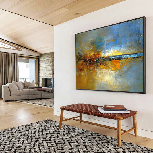 Hand-Painted Blue, Gold & Brown Textured Landscape Abstract Painting HPS271