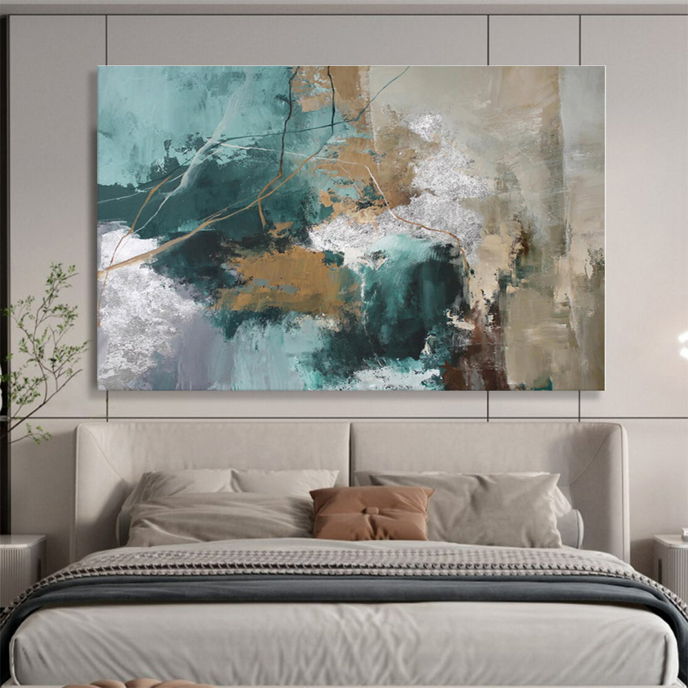 Cool Abstract Paintings Teal, Gold & Silver Textured Abstract Painting On Canvas HPS114