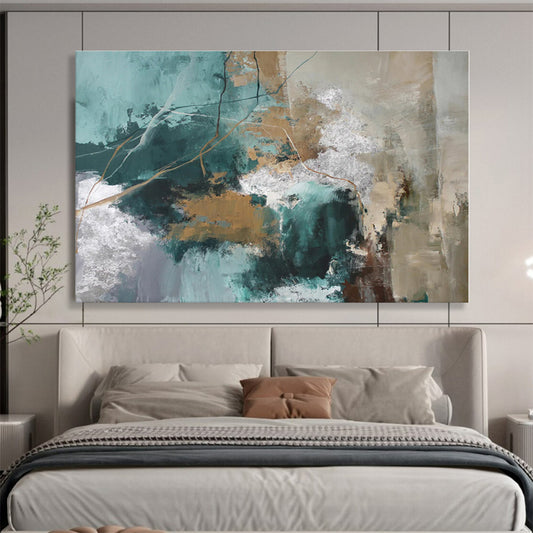Cool Abstract Paintings Teal, Gold & Silver Textured Abstract Painting On Canvas HPS114