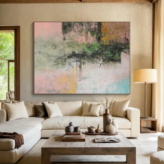 Large Painting In Living Room with Green, Pink, Teal, and Yellow Abstract Design, Handmade Art PT288
