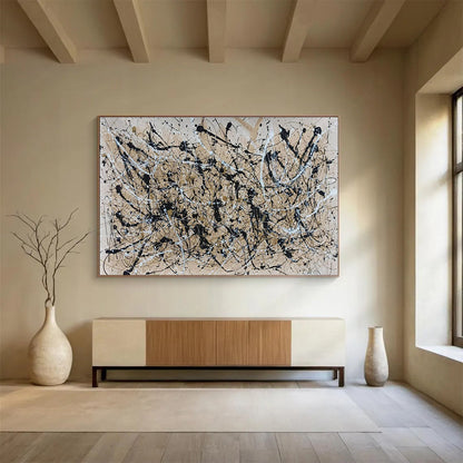 Large Size Black, White, and Beige Splatter Abstract Expressionist Art HPS364