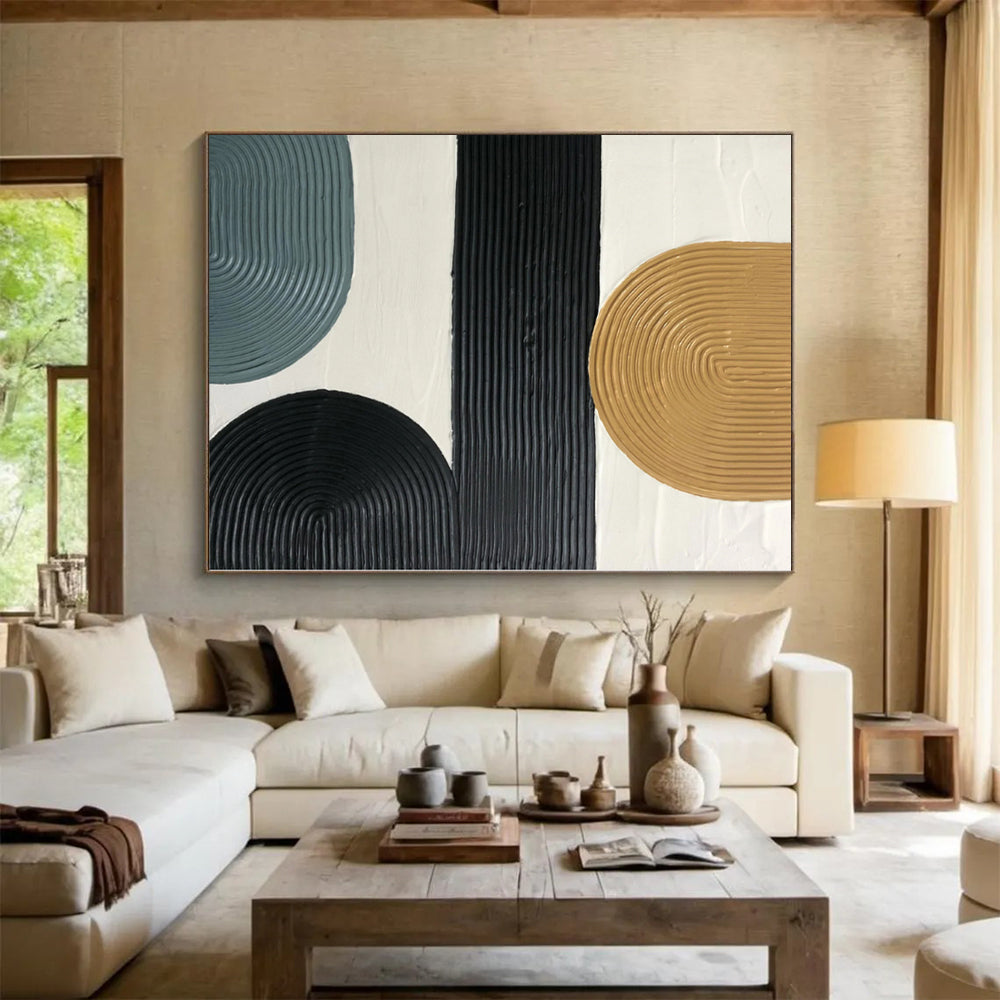 48x60 Beige, Black & Gray Textured Geometric Abstract Painting On Canvas PT037