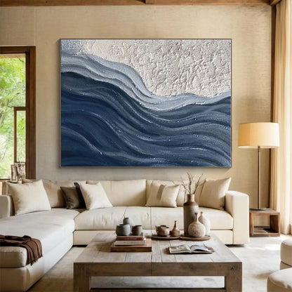 Large Size Beige Navy Textured Abstract Wave Acrylic Art PT444