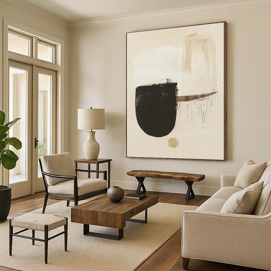 Minimalist Canvas Art Beige Black Abstract Shape Art PT374