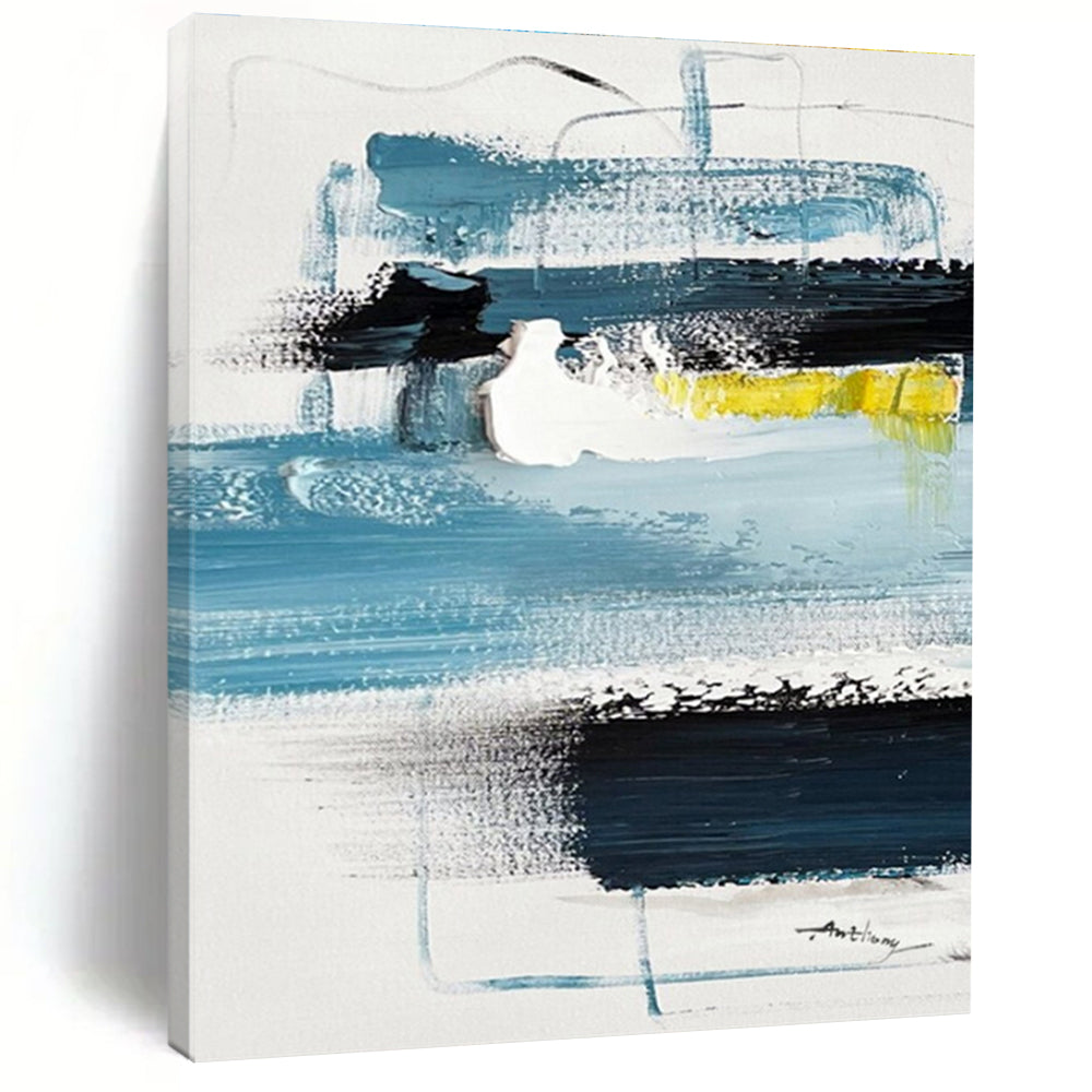 Cool Abstract Paintings - Blue, Black, White & Yellow Textured Abstract Art PT586