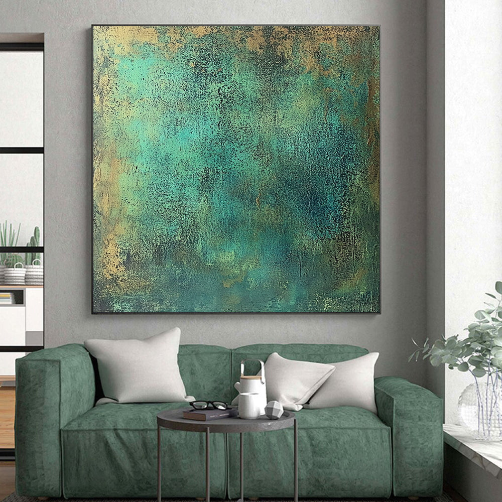 Modern Large Abstract Canvas Painting, Teal Gold Abstract Textured Art PT177