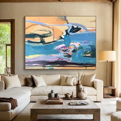 Large Painting In Living Room Teal, Orange & Pink Abstract Fluid Art HPS167