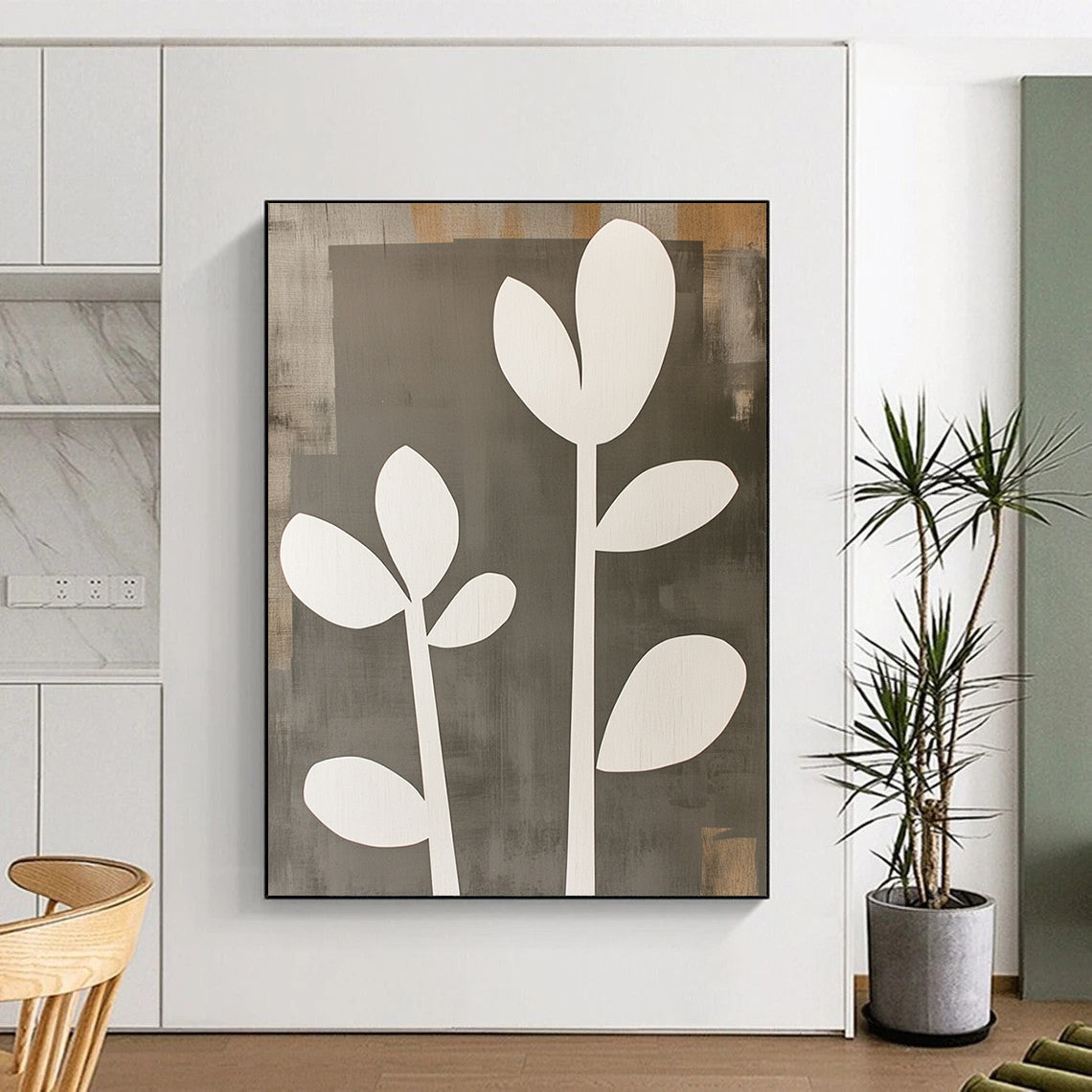 Wall Decor Abstract Paintings Large, Gray White Minimalist Plant Abstract Art PT136