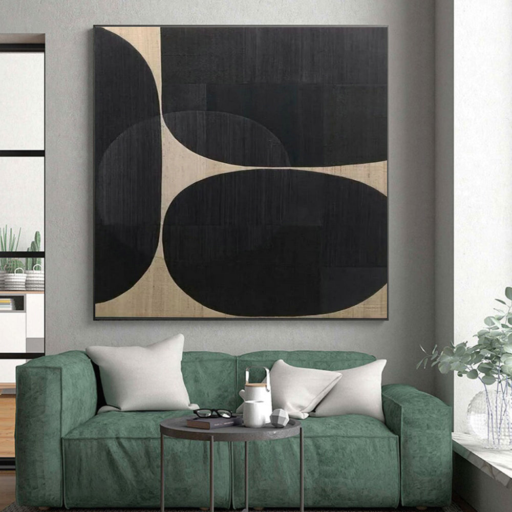 Big Painting Black and Beige Circular Abstraction, Large Size Modern Art Acrylic PT515