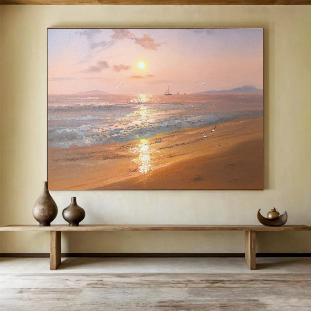Hand-Painted Orange & Blue Coastal Sunset Realistic Acrylic Painting HPS235