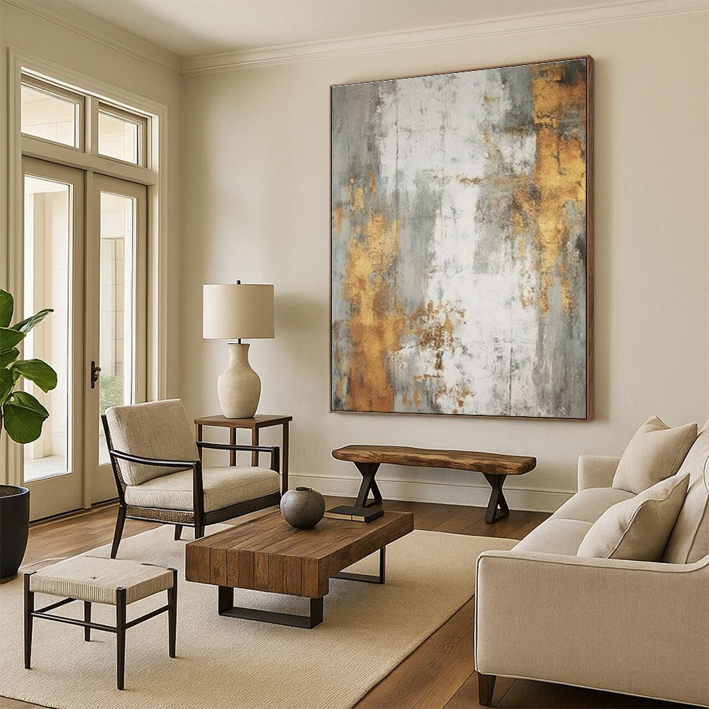 Handmade Art Gold, Gray, and White Textured Abstract Art PT740