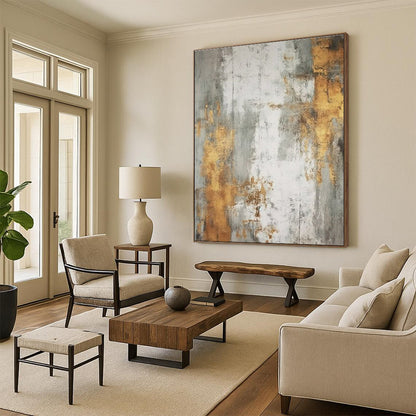 Handmade Art Gold, Gray, and White Textured Abstract Art PT740