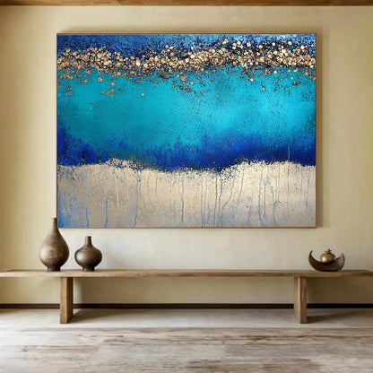 Large Size Blue and Gold Textured Abstract Coastal Art HPS324