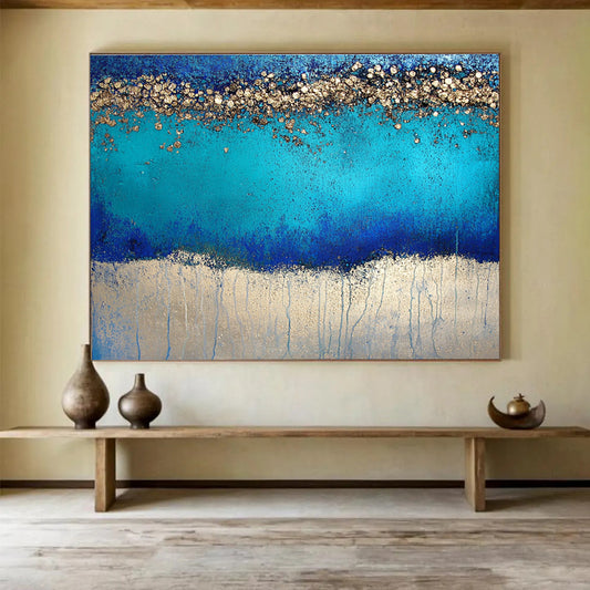 Large Size Blue and Gold Textured Abstract Coastal Art HPS324