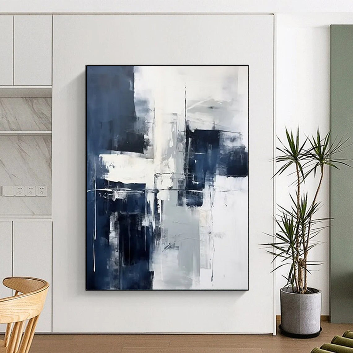 Hand Painting in Navy, White, and Grey Abstract Textural Layers PT232