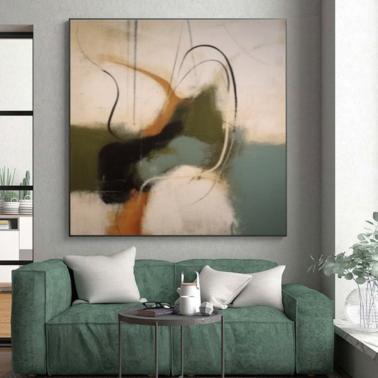 Modern Art Acrylic in Black, White, Brown, Green, and Teal Abstract Movement Shapes Painting PT267