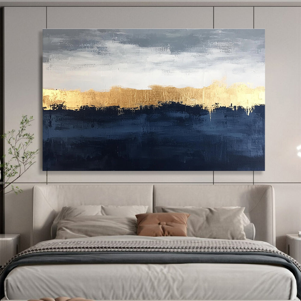 Hand-Painted Gray, Gold & Navy Textured Landscape Abstract Painting HPS261