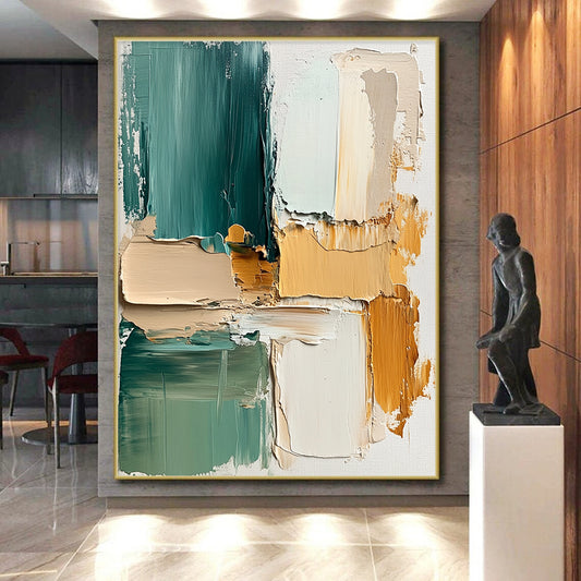 Big Abstract Painting On Canvas, Teal Beige Orange Abstract Textured Art On Canvas PT173