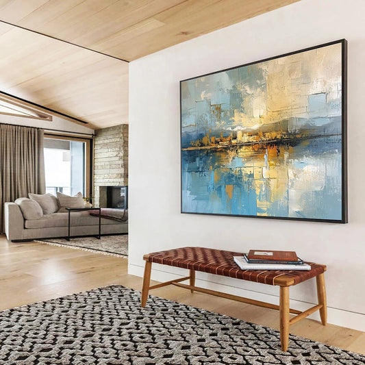 Hand-Painted Blue, Beige, and Gold Abstract City Reflection Art HPS381