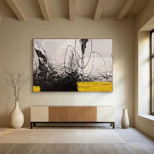 Oversized Abstract Wall Art Black, White & Yellow Energetic Abstract Art HPS168