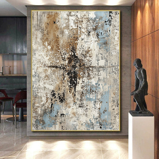 Large Abstract Painting For Living Room, Beige Blue Black Abstract Textured Art PT180