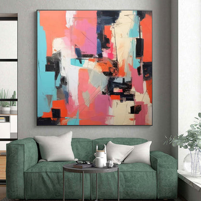 Hand-Painted Vibrant Coral, Pink, Teal, and Black Abstract Geometric Shapes Art PT231