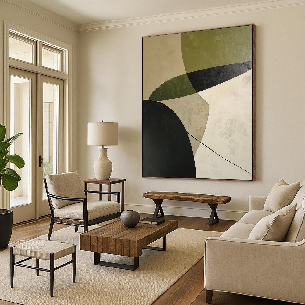 Affordable Large Abstract Wall Art With Green, Black, Beige Geometric Forms On Canvas PT188