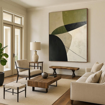 Affordable Large Abstract Wall Art With Green, Black, Beige Geometric Forms On Canvas PT188