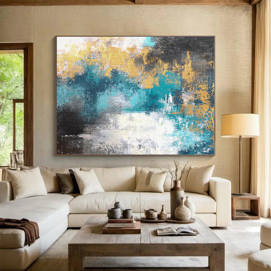 Large Size Teal & Gold Abstract Modern Art Acrylic On Canvas HPS004