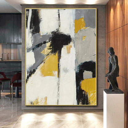 Modern Art Acrylic Gray, Yellow & Black Textured Abstract Painting On Canvas PT089