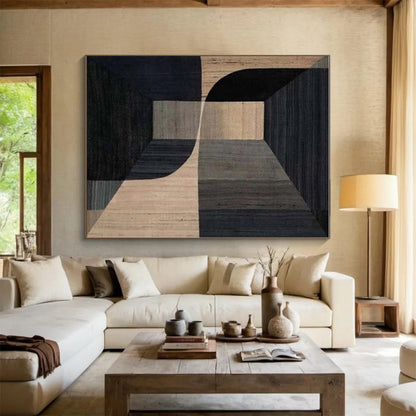 Unique Abstract Art in Black and Beige Geometric 3D Design, Handmade Art Piece PT323