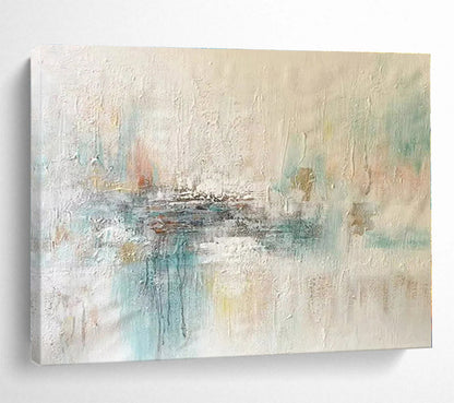 Handmade Art Soft Beige, Teal & White Textured Abstract Painting On Canvas HPS078