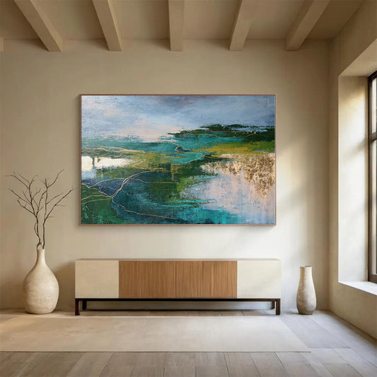 Unique Abstract Art Teal & Green Landscape With Gold Lines Abstract On Canvas HPS043