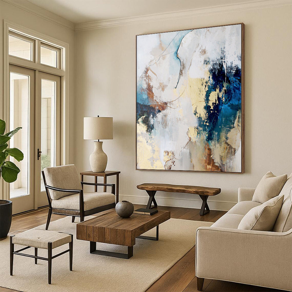 Hand-Painted Blue, Beige, and Gold Abstract Art with Dynamic Brushstrokes PT011