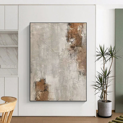 Hand Painted Art Beige, Gray, and Brown Cracked Abstract Piece, Acrylic Modern Art PT305