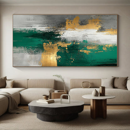 Unique Abstract Art Green, Gold & Gray Textured Abstract Painting On Canvas PT110
