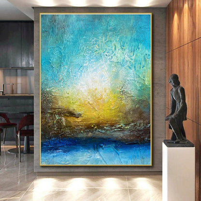 Cool Abstract Paintings with Turquoise, Yellow, and Blue, Hand-Painted Modern Art PT290