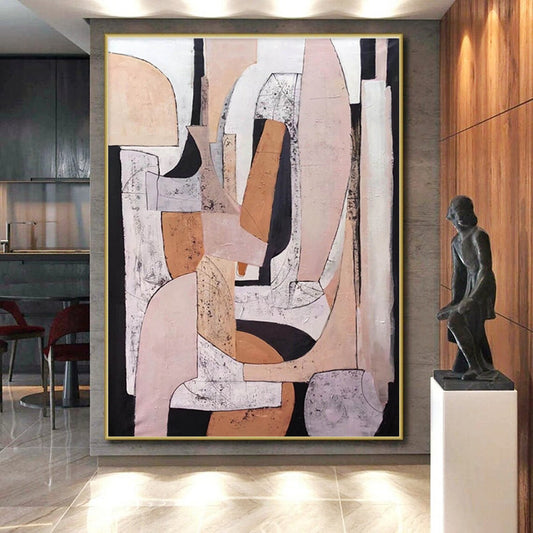 Large Contemporary Wall Art in Beige, Pink, Black, and White Abstract Geometric Compositions PT247
