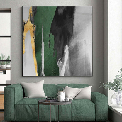 Hand-Painted Green, Black, Gold and Gray Abstract Dynamic Piece, Modern Art Acrylic PT536