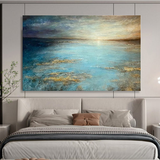 Hand Painted Art Blue & Gold Seascape Abstract Painting On Canvas HPS134