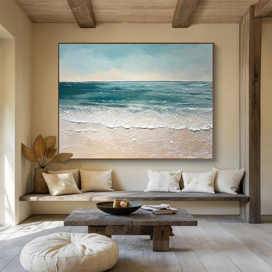 Modern Art Acrylic Teal & Beige Abstract Coastal Beach Art HPS199