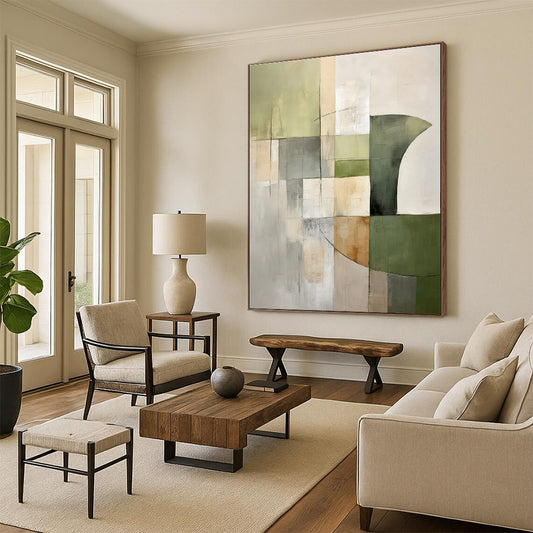 Handmade Art Green, Beige, and Gray Geometric Abstract Art PT780