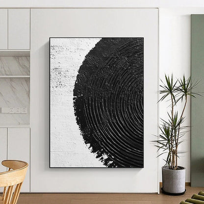 Wall Decor Abstract Paintings Large With Black, White Textured Circular Pattern On Canvas PT196