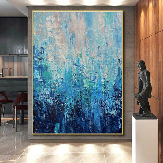 Oversized Abstract Wall Art in Shades of Blue and Teal, Hand-Painted Acrylic PT289