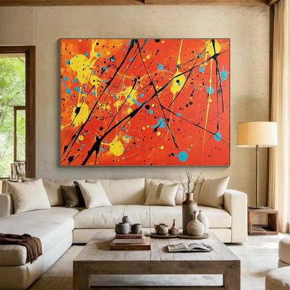 Acrylic Modern Art Paintings Orange, Yellow, Blue & Black Splatter Abstract Painting HPS255