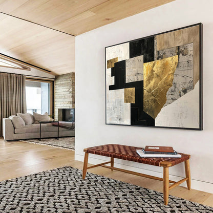 Large Contemporary Wall Art Black, White, and Gold Textured Abstract Geometric Art HPS396
