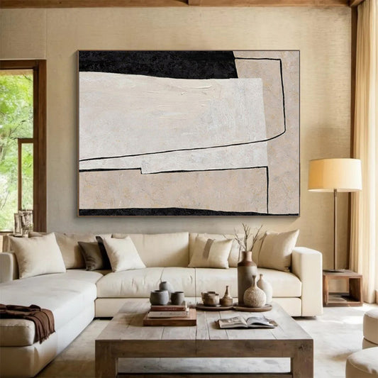 Hand Painting Beige, Black, and White Geometric Abstract Art PT698