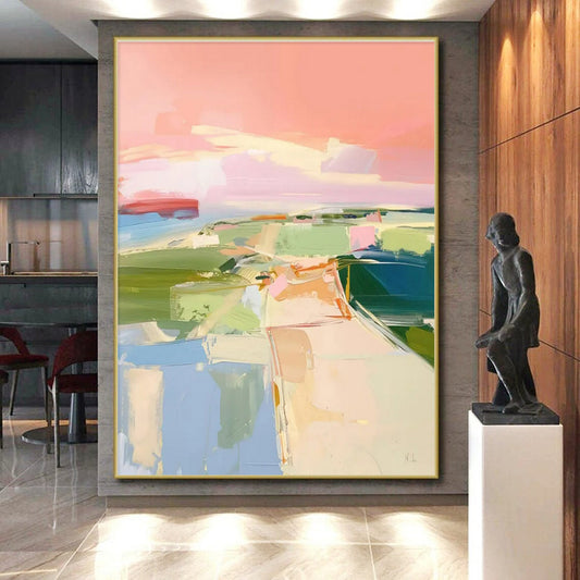 Acrylic Modern Art Paintings - Pastel Pink, Green & Blue Abstract Landscape-Inspired Art PT562