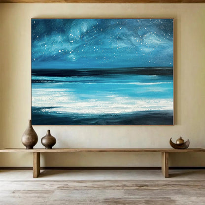 Hand Painted Art Vibrant Blue Starry Sea Abstract On Canvas HPS036